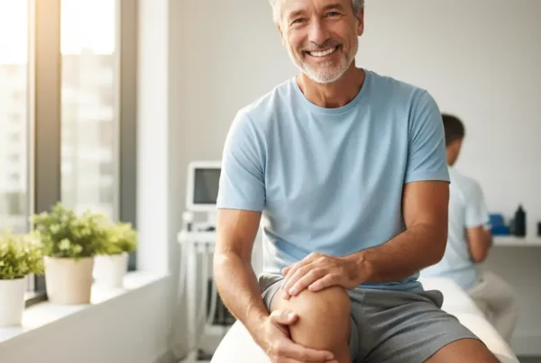 Man in a clinical setting smiling and touching his knee after stem cell therapy.