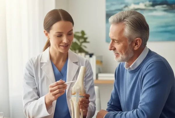 A medical specialist shows a knee joint model to an older patient during a consultation.