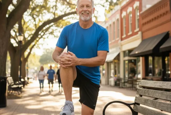 Man in his 60s stretching his knee on a park bench in DeLand, FL.
