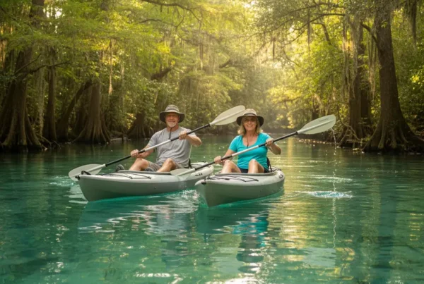 Couple kayaking on a clear Florida spring, enjoying an active life after knee therapy.
