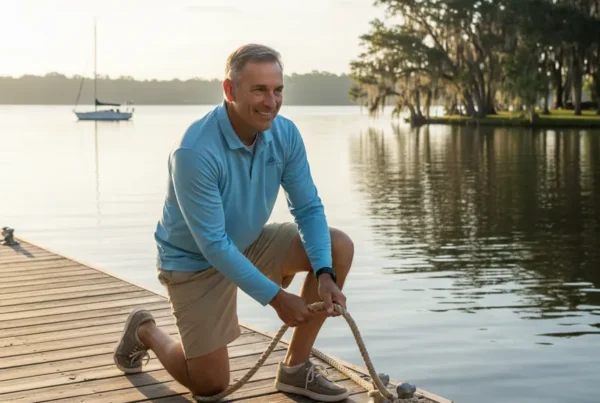 Active older man smiling on a lakeside dock in Eustis, enjoying pain-free movement.