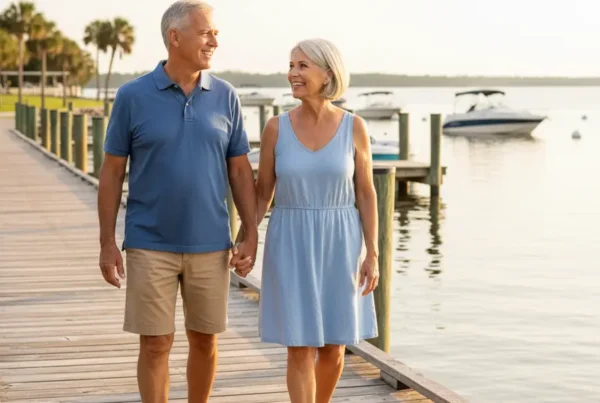 Couple enjoying a walk on a dock in Eustis, FL after non-surgical knee pain treatment.