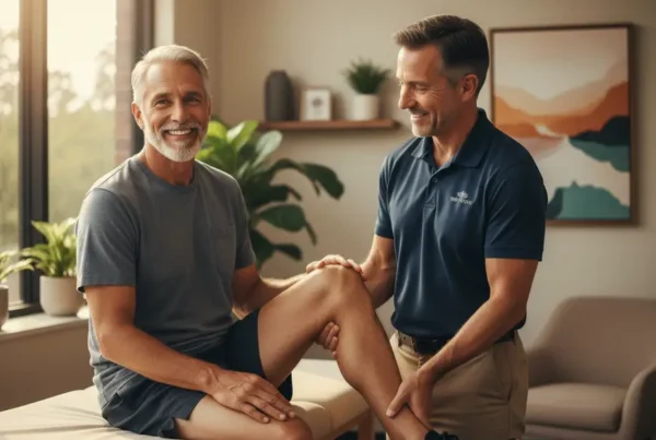 Older man discussing non-surgical knee pain treatment with a doctor in a clinic.