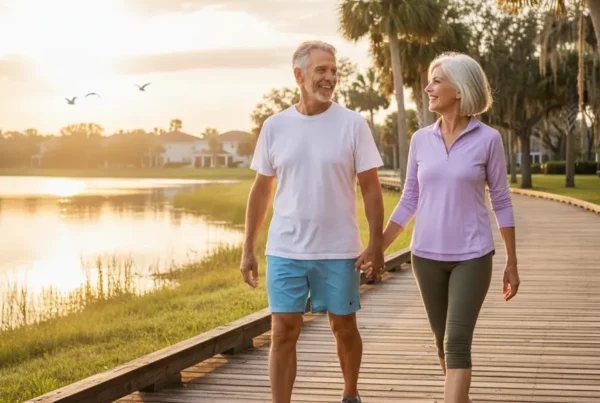 Couple enjoying a pain-free walk on a lakefront boardwalk in Harmony, FL after stem cell therapy.