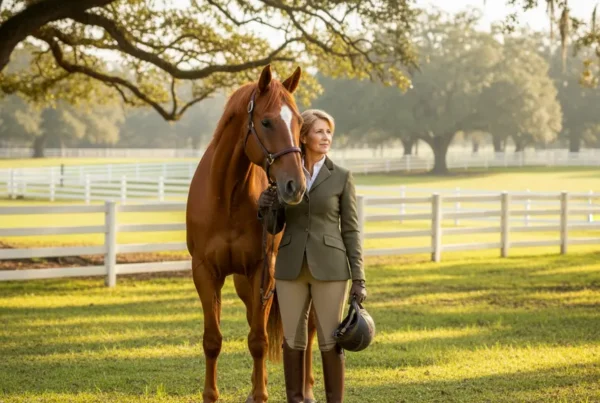Woman in riding gear standing happily next to her horse in a Marion County pasture.