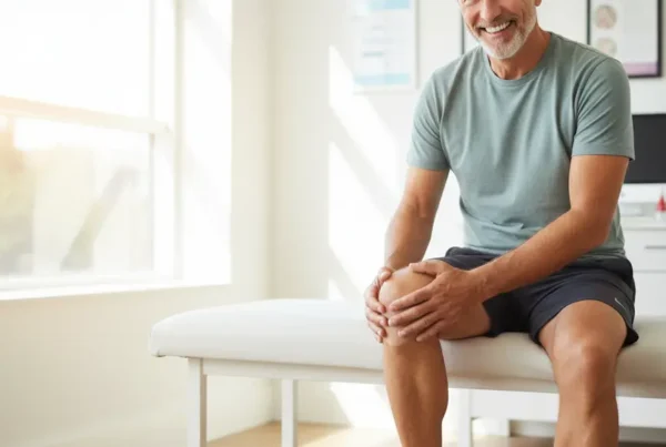 Man smiling in a clinic room, feeling his knee after stem cell therapy treatment.