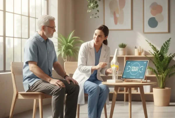 Medical specialist discussing stem cell therapy for knee pain with an older patient.