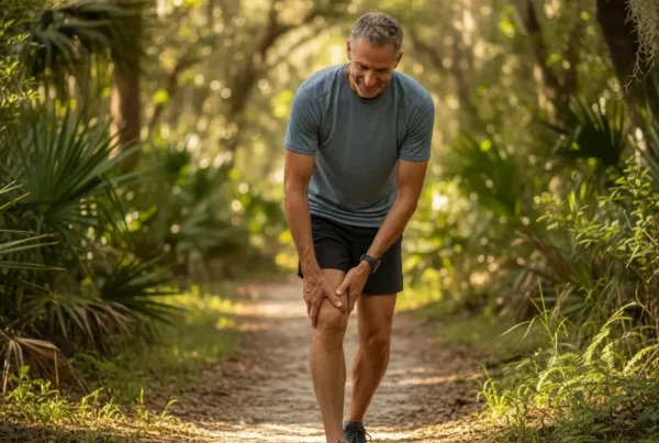 Man on a Florida trail considering non-surgical stem cell therapy for his knee.
