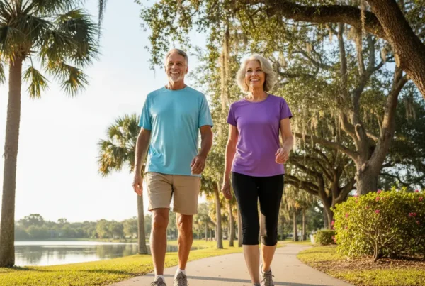 Active senior couple walking happily in a Casselberry park after stem cell therapy for knees.