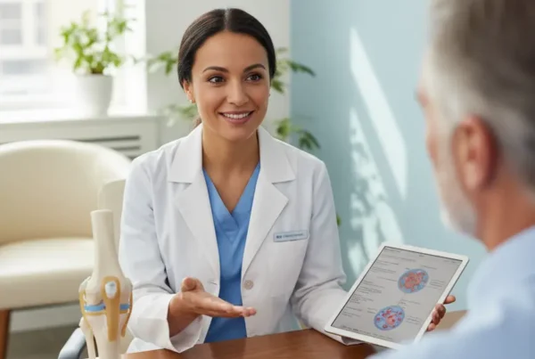 Doctor explaining non-surgical knee treatment to a patient using an anatomical knee model.
