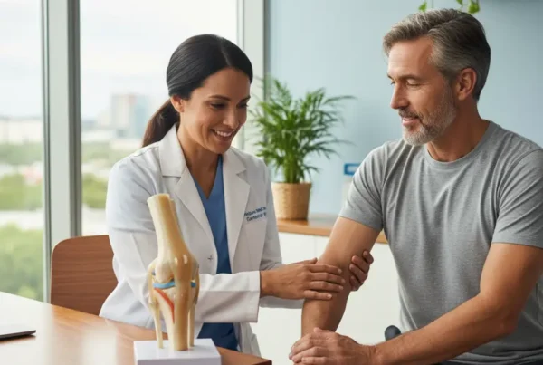 Patient learning about non-surgical knee treatment options from a specialist with a knee model.