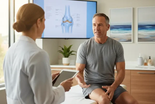 Patient discussing non-surgical stem cell therapy for knee pain with a doctor in Florida.