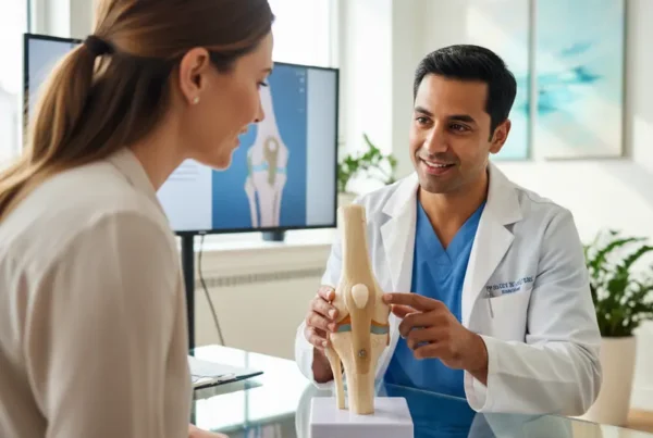 Doctor explaining a knee model to a patient during a medical consultation.