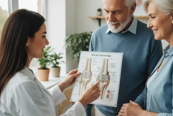 Doctor explaining knee anatomy to a patient during a stem cell therapy consultation.