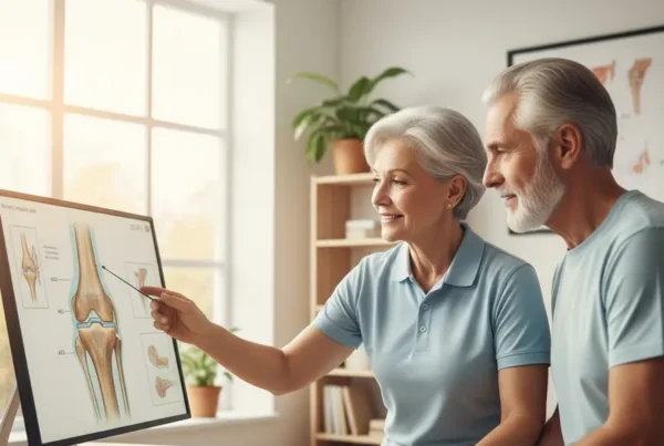 Doctor explaining stem cell therapy for knees to a senior couple in a clinic.