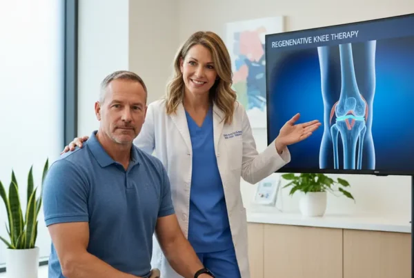 A doctor discusses non-surgical stem cell therapy for knees with a patient in Altamonte Springs.