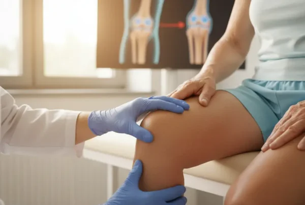 Doctor examining a patient's knee during a consultation for stem cell therapy.