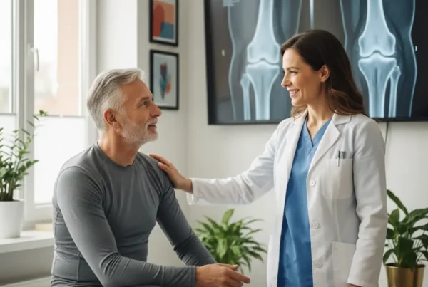 Patient and doctor reviewing knee MRI for stem cell therapy consultation in Lake County.