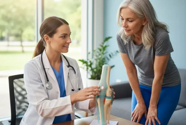 Provider explaining stem cell therapy for knees to a patient using an anatomical model.