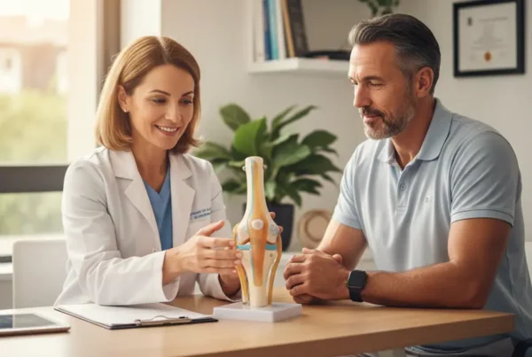 Specialist explains stem cell therapy for knees to a patient using a knee model.