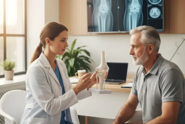 A doctor discusses non-surgical stem cell therapy for knees with a patient in Poinciana.