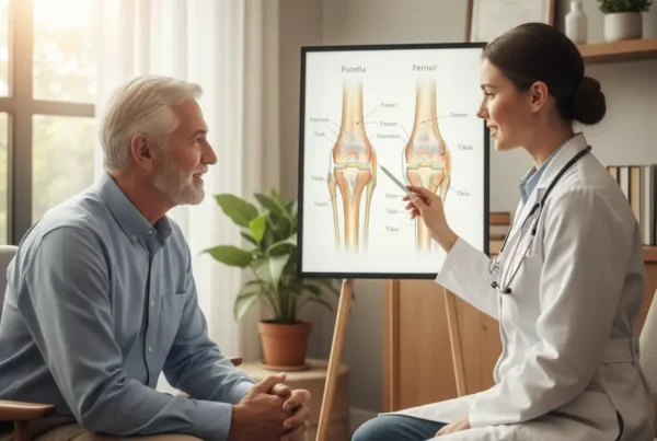 Doctor explaining a knee joint diagram to a senior patient during a consultation.
