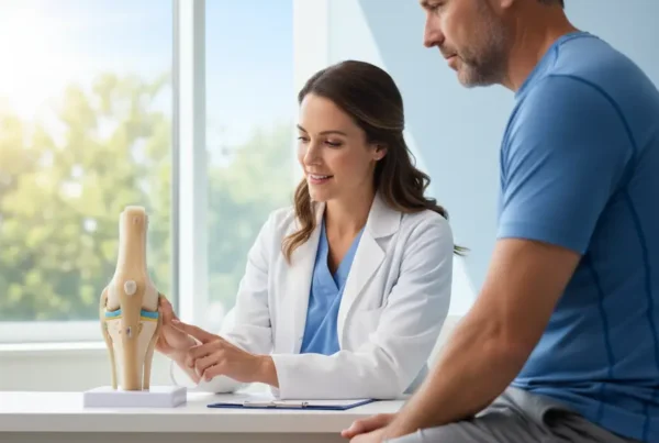 A patient and doctor discuss non-surgical stem cell therapy for knees in a clinic.