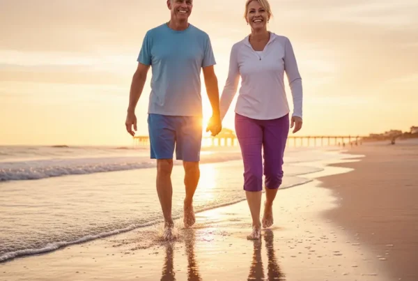 Older couple walking on Daytona Beach at sunrise, enjoying life free from knee pain.