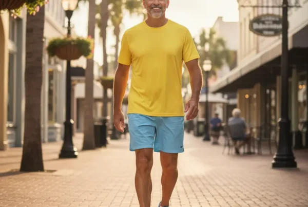 Man walking comfortably on a brick sidewalk after non-surgical stem cell therapy for knees.