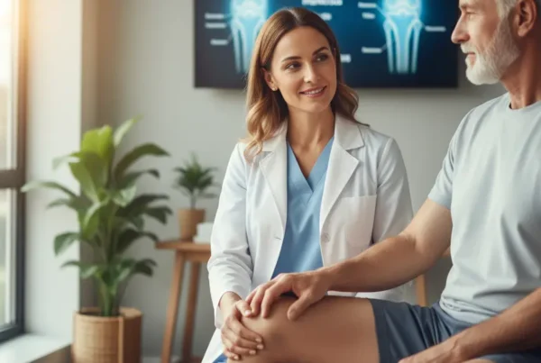 Doctor performs a knee examination for a patient considering non-surgical stem cell therapy.