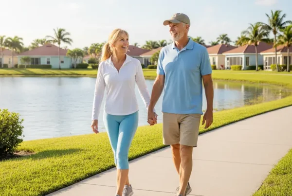 Couple walking happily on a path in Harmony, FL after stem cell therapy for knees.