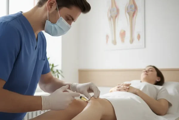 Medical professional performing a stem cell therapy injection on a patient's knee in a clinic.