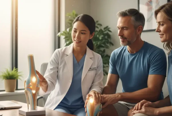 Provider discussing non-surgical knee pain treatment with a patient using an anatomical knee model.