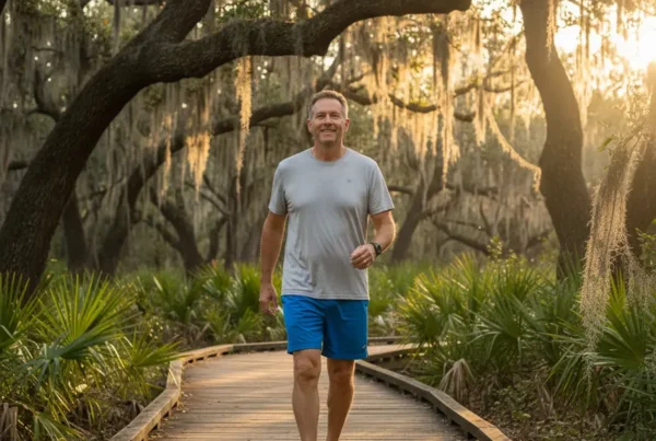 Man in his 50s walking confidently on a Florida park boardwalk after knee therapy.