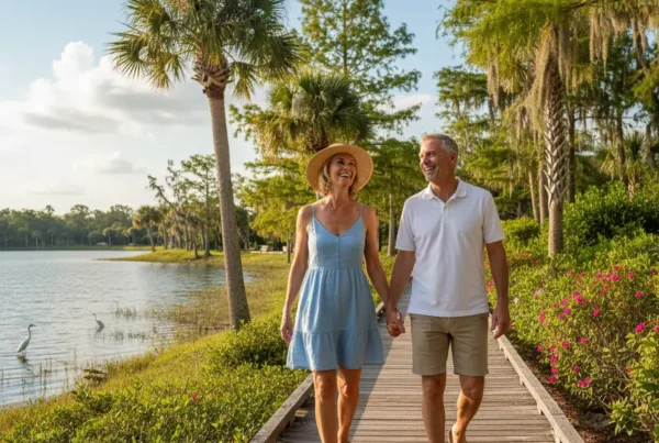 A happy, mature couple walking on a sunny Florida park boardwalk after knee therapy.