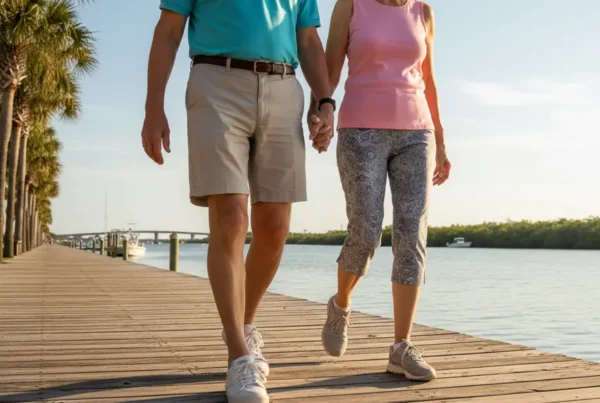 Active older couple walking on a boardwalk after stem cell therapy for knees.