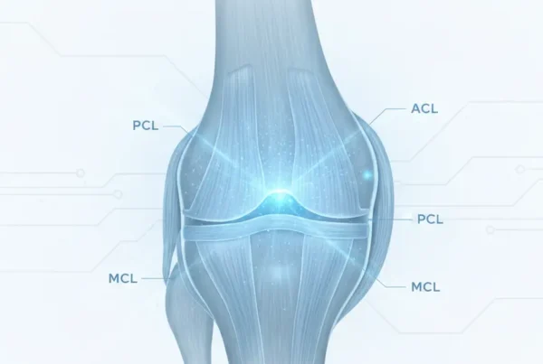 Medical illustration of a knee joint undergoing stem cell therapy for regenerative healing.