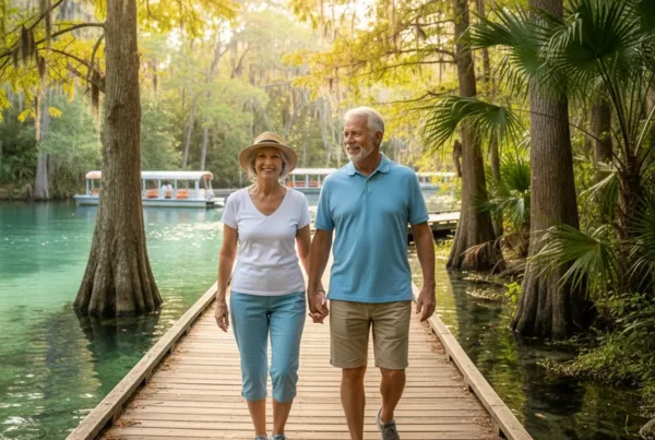 Senior couple walking on a boardwalk, enjoying pain-free mobility after stem cell therapy for knees.