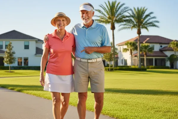 Active senior couple walking happily in Summerfield after non-surgical knee pain treatment.