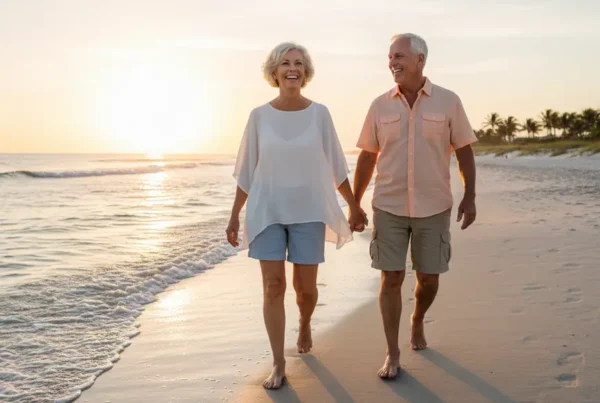 Happy older couple walking pain-free on a Volusia County beach after knee therapy.