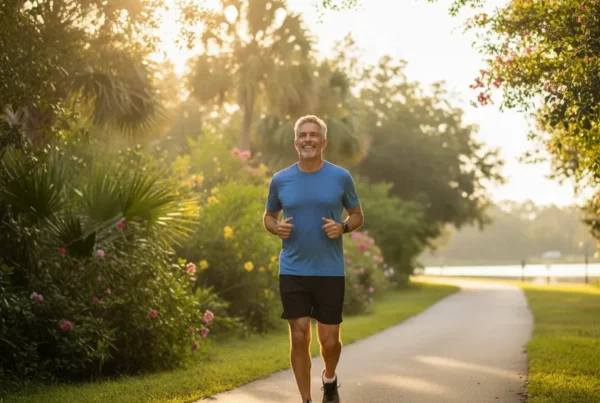Man in his 50s jogging comfortably on a sunny park trail after knee therapy.