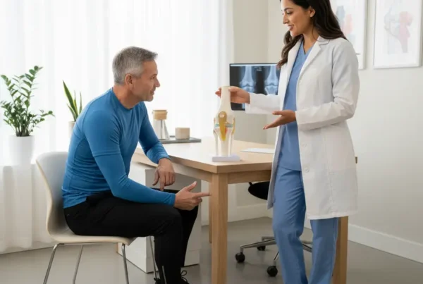 Doctor explaining stem cell therapy for knee pain to a patient using a model.