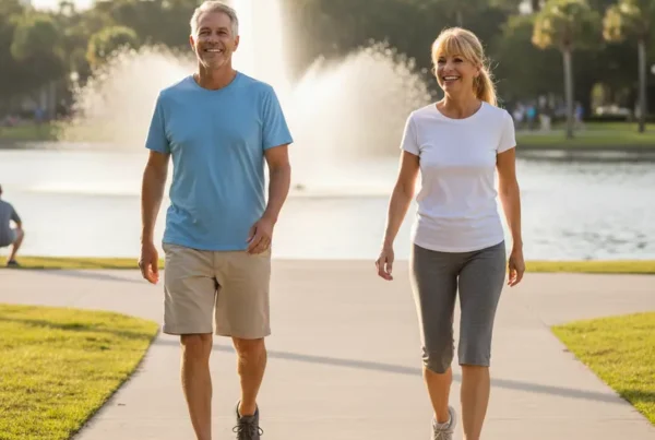 A happy, active couple walking at Lake Eola in Orlando, free from knee pain.