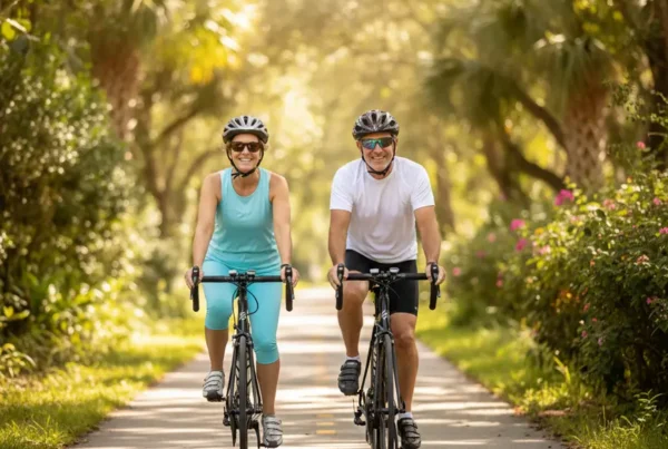 Active couple biking on a trail, enjoying knee pain relief from stem cell therapy.