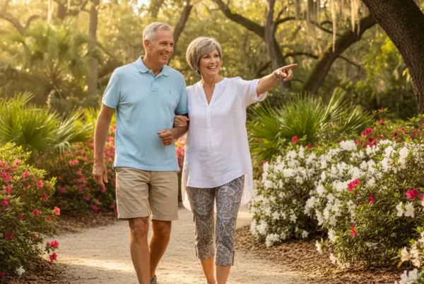 Happy, active older couple walking in a park, free from knee pain after therapy.