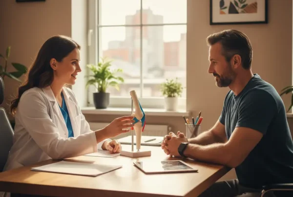 A specialist discusses non-surgical knee joint pain treatment with a patient in a clinic.