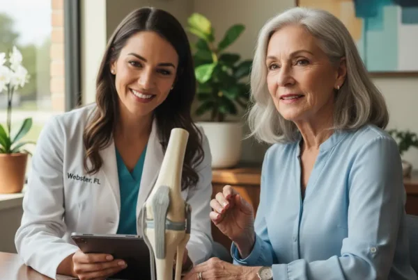 Senior patient discussing non-surgical knee joint pain treatment with a doctor in Florida.