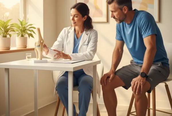 A doctor explains knee joint pain treatment to a patient using an anatomical model.