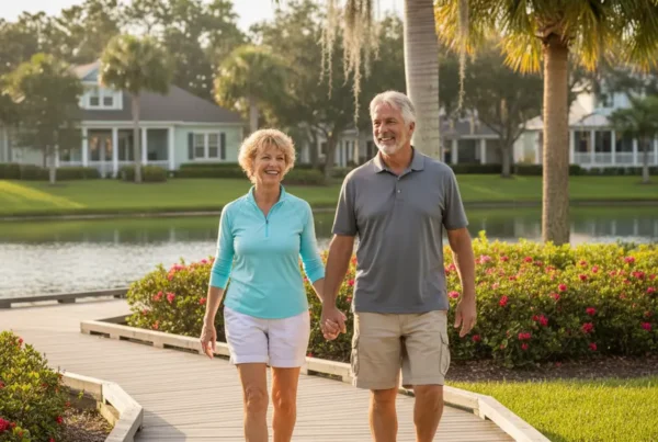 Active couple walking pain-free on a sunny Florida boardwalk after knee joint treatment.